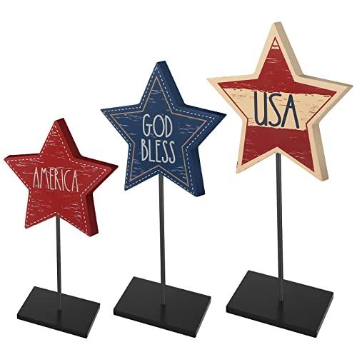 FairySandy 3 Pcs 4th of July Day Table Signs Patriotic Decorations Decoration Wooden Star Table Decoration Independence Day Blocks Tiered Tray Decor Freestanding Table Signs