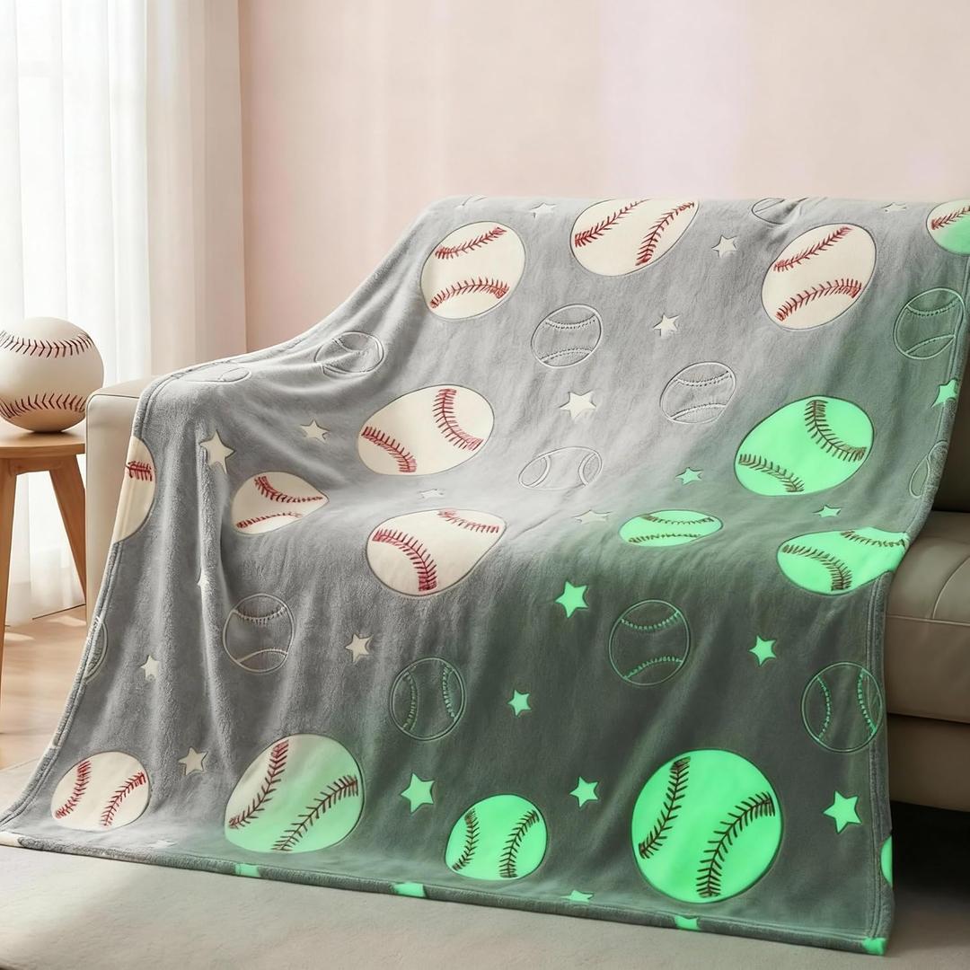 Gray Baseball Blanket 50 x 60 Inch Glow in the Dark Baseball Throw Blanket Flannel Fun Stuff for Boys and Girls Team Gifts for Ball Lovers Players Halloween Christmas Thanksgiving Gift