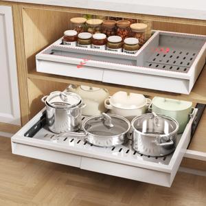 Seinloes 2 Pack Pull Out Cabinet Organizer With Raising Pad for Framed Cabinets,Expandable Width (13"-21") and Depth (13"-17"),3 Slide Rails Slide Out Drawers with Handle,No-Drill Roll Out Shelf,White