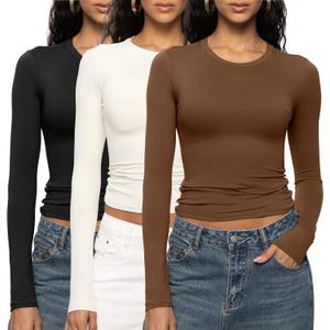 ENERFUL Women's Long Sleeve Shirts Crew Neck Slim Fitted Going Out Crop Casual Tops Basic Tees (Medium, Black+beige+coffee)