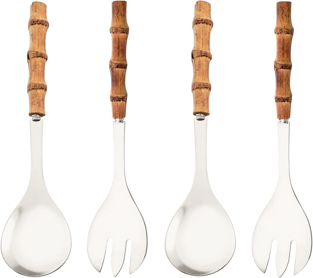 Serving Spoon and Fork Set, 304 Stainless Steel Serving Utensils with Natural Bamboo Handle, 10" Long Handle Serving Set for Kitchen Party Buffet, 4 Pieces / 2 of Each