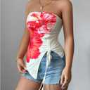 Women's Floral Strapless Tube Top Drawstring Ruched Asymmetrical Bandeau Tops Festival Rave Outfits (L)