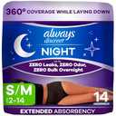 Always Discreet Adult Incontinence Overnight Underwear for Women, Small/Medium, Up to 100% Bladder Leak Protection, 14 Count
