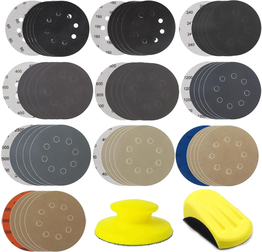 50pcs Sandpaper 8 Hole 5 inch Sanding Discs Hook and Loop 60/180/240/400/800/1200/2500/4000/7000/10000 Grits with Hand Sander for Automotive Metal Polishin