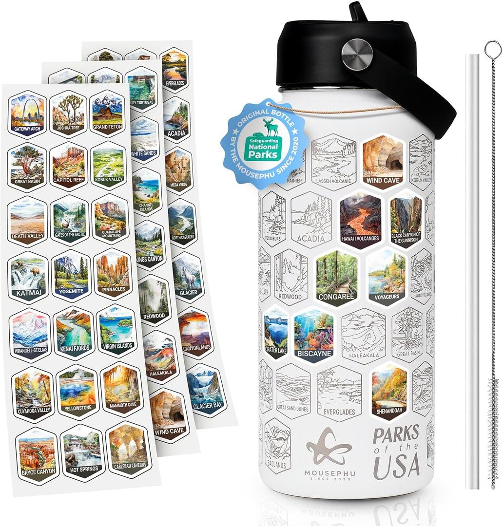 National Parks Water Bottle With Stickers - 32 Oz 316 Stainless Steel, Double-Wall Vacuum Insulation, Leakproof Bpa-Free Straw Lid, Laser Engraved Bottle+63 Waterproof Stickers, Everyday, Outdoor Use