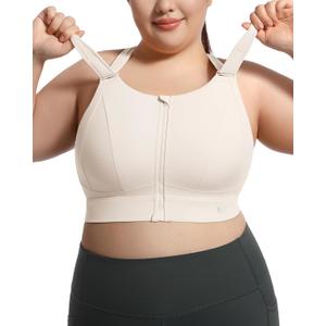 Zip Front Adjustable High Impact Sports Bras for Women Large Breasts Full Coverage Workout Running Removable Pads (Small, Latte Beige)