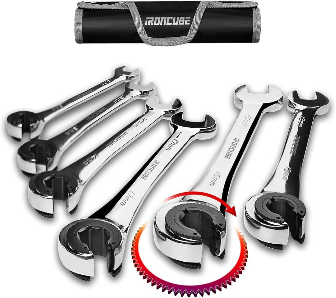 Brake Line Wrench Set: Metric 10-17mm - Ratcheting Open-end for Nuts on Fuel, Brake or Air Conditioning Lines