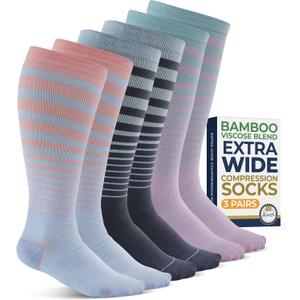 Pembrook 3 Pairs Plus Size Compression Socks Wide Calf - 15-20 mmHg Bamboo Viscosefor Women Plus Size Socks for Women Wide Calf Compression Pastel Stripes