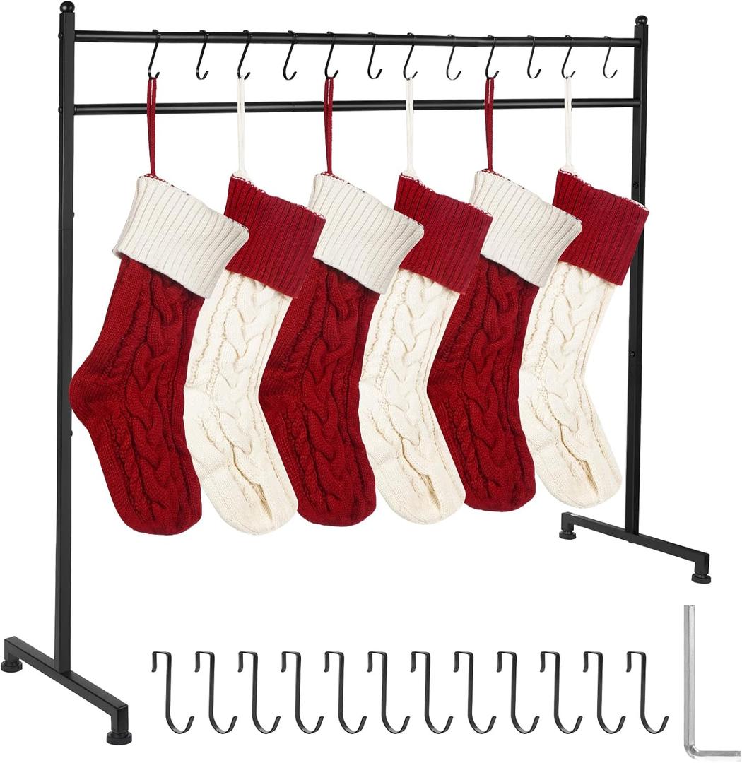 Christmas Stocking Holder Stand with 12 Removable Hooks, Heavy Duty Metal Christmas Stocking Hangers Freestanding Rack for Floor, Gift for Christmas Decoration, Black