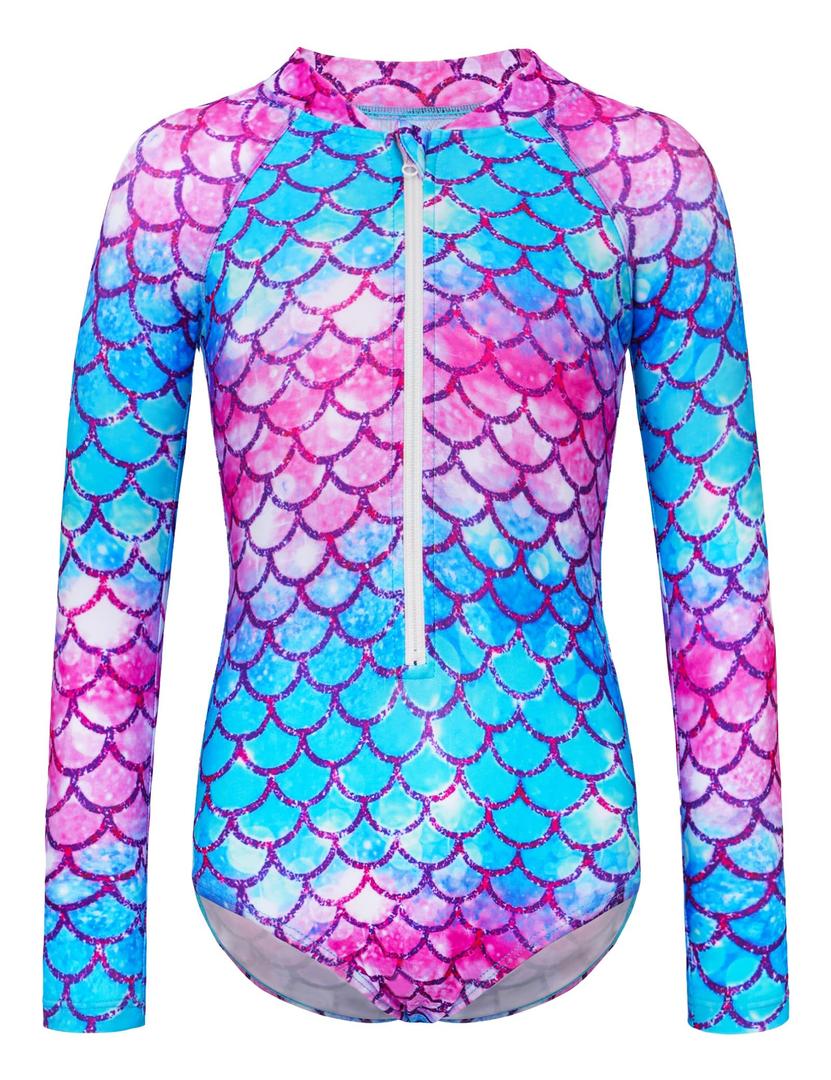 WhizBuzz Girls Swimsuits 3T Pink Blue Long Sleeve Rash Guard Bathing Suit