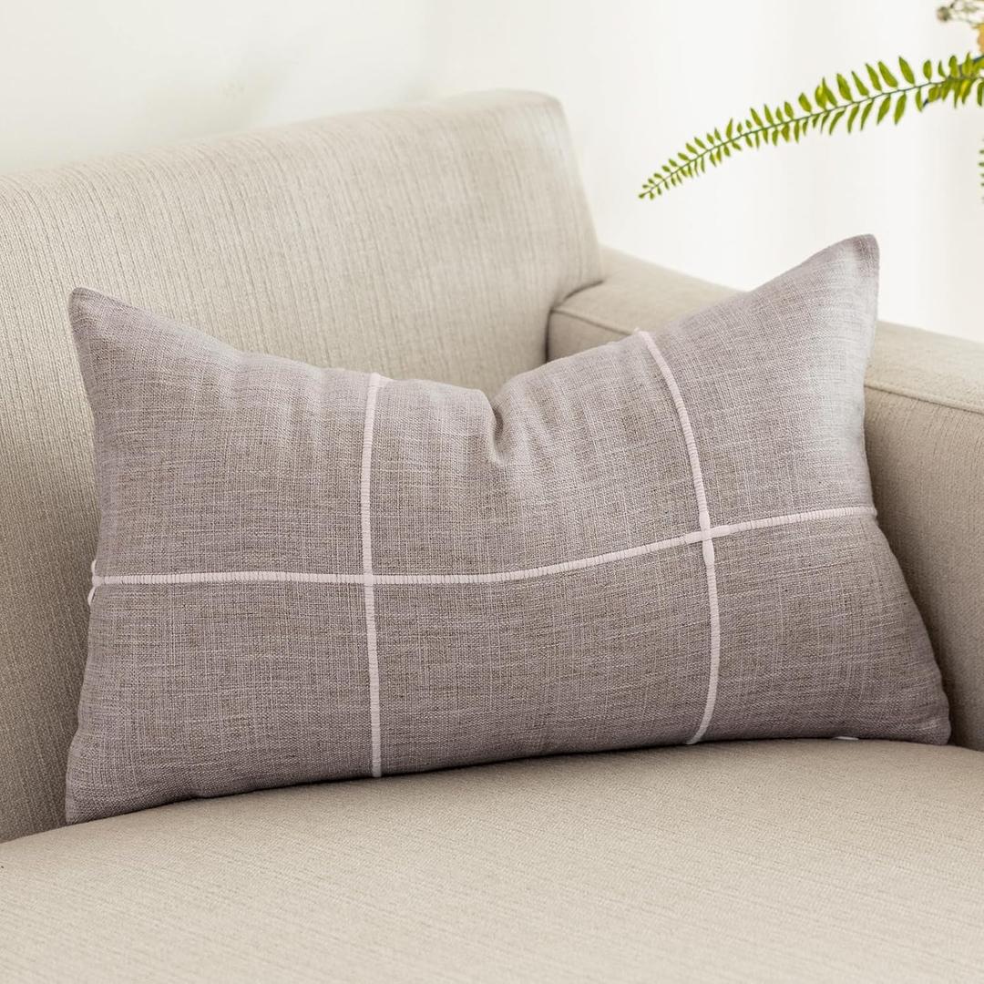vctops Rustic Lattice Cotton Linen Decorative Throw Pillow Cover Embroidery Lumbar Cushion Cover Pillowcase for Sofa Bedroom Couch (Plaid Brown, 12"x20")
