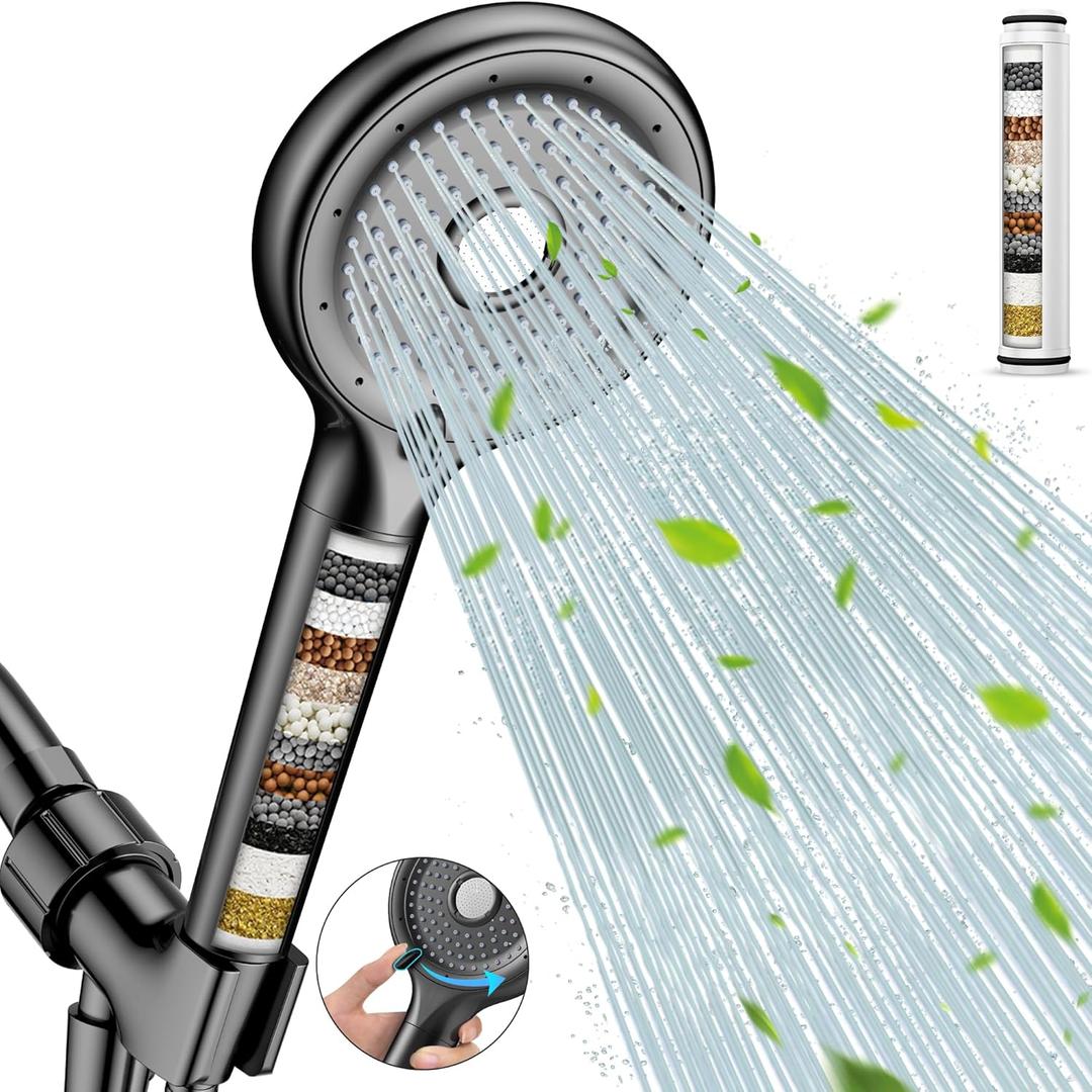 FEELSO Filtered Shower Head with Handheld, High Pressure 6 Spray Mode Showerhead with Filter, 15 Stages Water Softener Filters Beads for Hard Water-Remove Chlorine, Reduce Dry Itchy Skin, Extra Filter (Matte Black)
