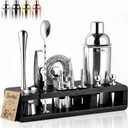 Barillio Silver Bartender Kit - Stainless-Steel Cocktail Shaker Set w/Black Bamboo Stand - Mixology Bar Tools w/Drink Shaker, Mixer & Muddler for Cocktails - Home Bar Accessories - 23-Pc Bar Set