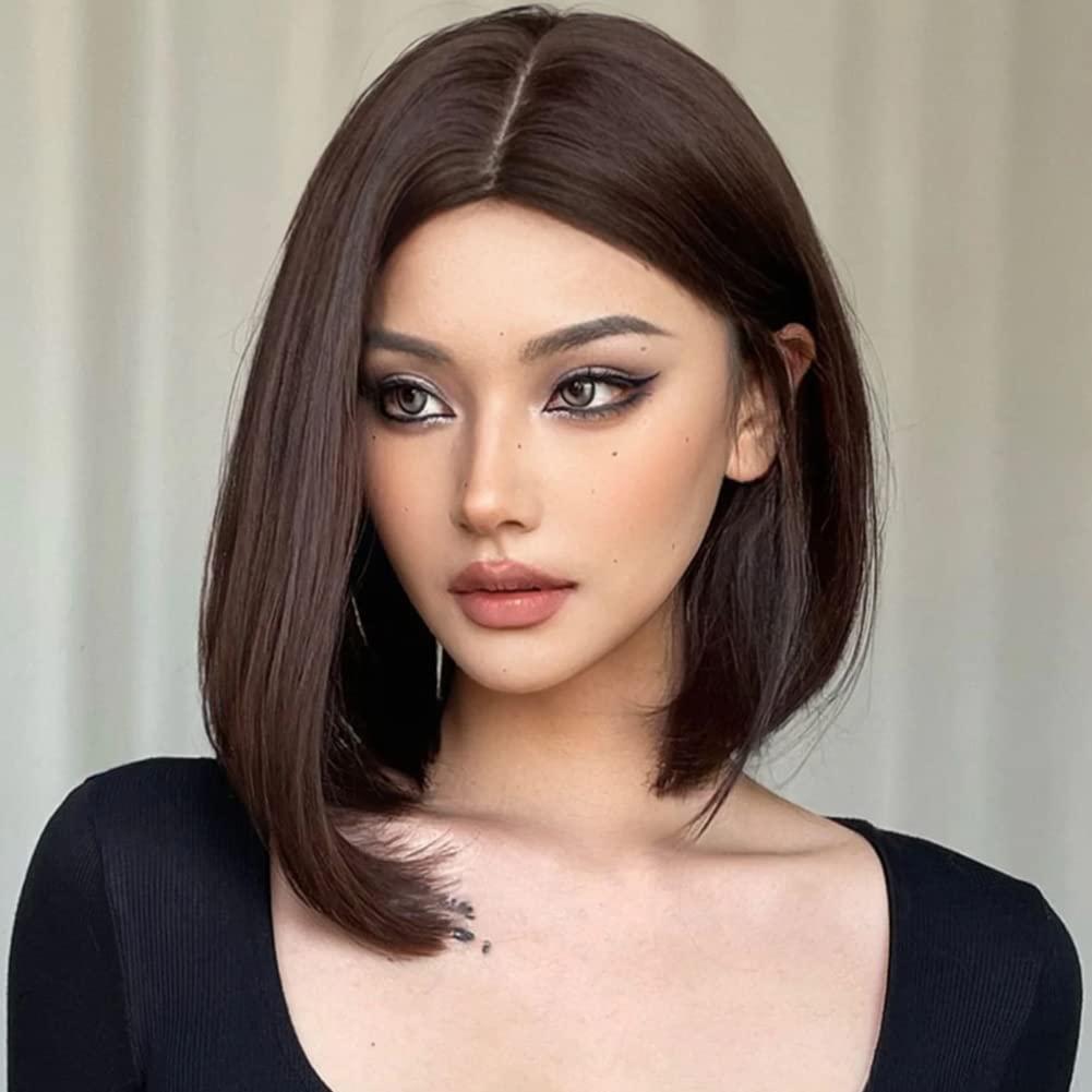 MIMAN 14 Inch Shoulder Length Dark Brown Straight Bob Wigs Synthetic Medium Length Bob Hair Wig Halloween Costume Wigs for Women (A-Dark Brown)