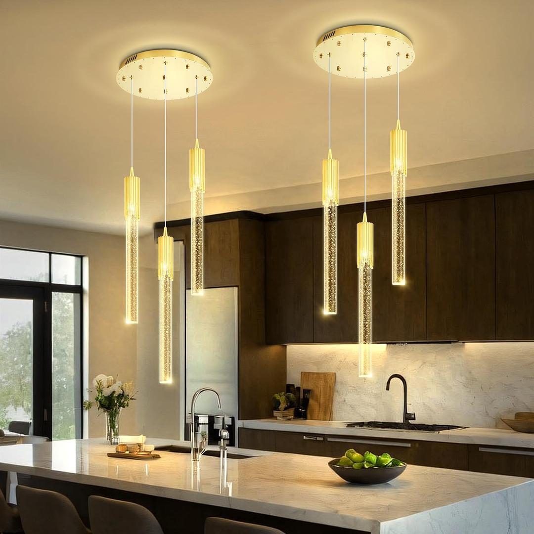Flashing God Mini Gold Crystal Chandelier Integrated LED Pendant Light for Kitchen Island 3 Light Chandeliers Pendant Lighting with Remote Control