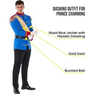 Morph Prince Charming Costume For Men - Royal Prince Outfit - Adult Halloween Costume Perfect For Parties And Events M (Jacket, Gold Sash)