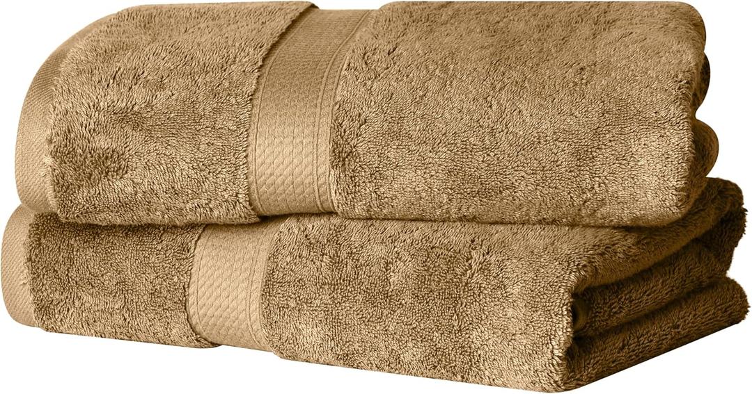 SUPERIOR Egyptian Cotton Pile Bath Towel Set of 2, Ultra Soft Luxury Towels, Thick Plush Essentials, Absorbent Heavyweight, Guest Bath, Hotel, Spa, Home Bathroom, Shower Basics, Toast