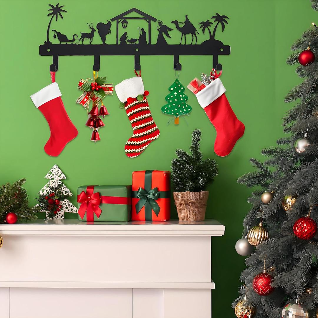 Nativity Christmas Stocking Holder, Metal Hanging Sign with 5 Hangers for Fireplace Mantel, Christmas Stocking Holder Stand for Wall, 17 Inch, Black