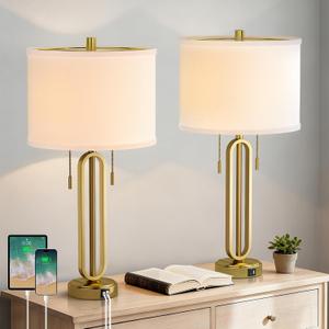 26.5" Set of 2 Industrial Table Lamps with USB C+ A Ports, Gold Metal Bedside Lamps, Pull Chain, Modern Farmhouse Nightstand Lamp for Bedroom, Living Room, Home Office with White Shade