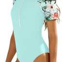 Girls Rash Guard Swimsuit One Piece Color Block Bathing Suit Short Sleeve Half-Zip UPF 50+ Girl's Swimwear (Size: 13-14 Years, Blue)