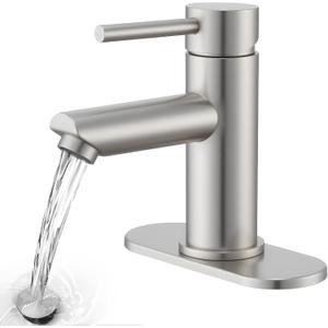 Brushed Nickel Bathroom Sink Faucets Single Hole Single Handle Stainless Steel Bathroom Faucet RV Faucet Deck Mount 1 Hole or 3 Holes with Pop-up Drains with Overflow (4 Inch)