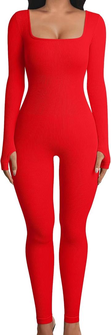 OQQ Women Long Sleeve Yoga Jumpsuits Workout Ribbed Bodysuits Pants Sexy One Piece L