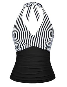 Firpearl Womens Underwire Tankini Swimsuits Tops Halter V Neck Bathing Suit Tops Ruched Tummy Control Tankinis Black & White Stripe US12