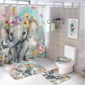 Rustic Elephant- 4 Pieces Shower Curtain Set,Watercolor Art Elephant Flower Butterfly Pattern Non-Slip Rugs Toilet Lid Cover Bath Mat and Bathroom Curtain