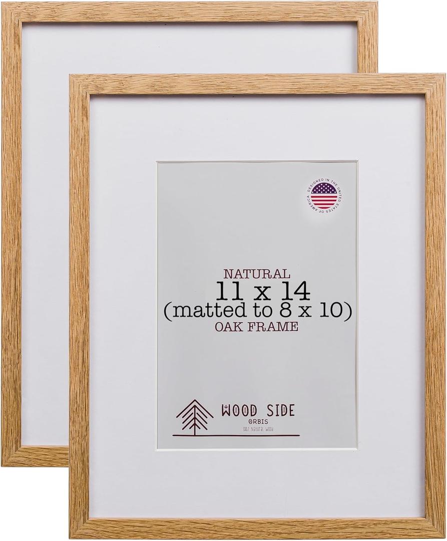Oak Wood Picture Frames 11x14 with Mat for 8x10 - Set of 2 - Natural Solid Wood Photo Frame Real Glass Wall Hanging
