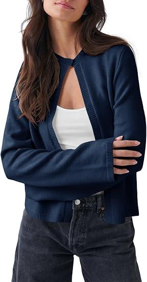 Saodimallsu Womens Lightweight Cardigans Open Front Long Sleeve One Button Casual Crewneck Loose Knit Shrug Sweater