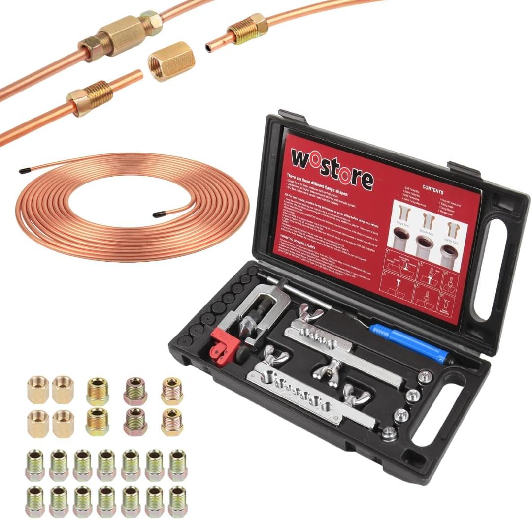 Wostore 25 FT 3/16" Brake Line Flare with 24 Brass Fittings & Double/Single Flaring Tool Kit for Single, Double (SAE) Flares & Bubble (ISO) Flares with Tubing Cutter Pipe Reamer for 3/16-5/8" 7 Sizes