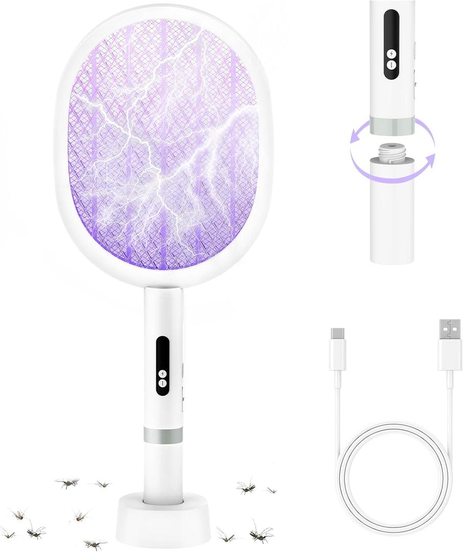 Electric Fly Swatter Racket, PALONE 4000V Detachable Bug Zapper with Type-C Rechargeable Base, Powerful Dual Modes Fly Zapper Racket, Mosquito Killer for Indoor Outdoor, 1 Pack
