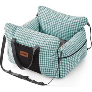 ZOMISIA Dog Car Seat for Small to Medium Dogs - Waterproof Pet Booster Seat with Clip-On Safety Leash, Carrier for Puppy up to 25 lbs, Memory Foam Filling & Adjustable Buckles, Green Houndstooth