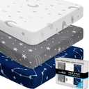 GROW WILD Pack n Play, Mini Crib Sheets 3-Pack | Soft Jersey Sheet Set for Boys or Girls | Playard Mattress, Pack and Play Sheets Fitted | Portable Bassinet Sheet - Stars & Moon Nursery Bedding