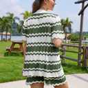 Moreone 2 Piece Lounge Set Women Short Sleeve Striped Crochet Knit Sets Two Piece Button Up Pajamas with Drawstring Shorts (Green, S)