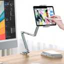 OMOTON Tablet Stand for iPad with 360 Rotation, GH03 Aluminum Alloy Long Arm Phone Mount with 2 Plastic Clamps (Phone & Tablet), Adjustable Holder for 4-13" iPad Pro/iPhone, Grey