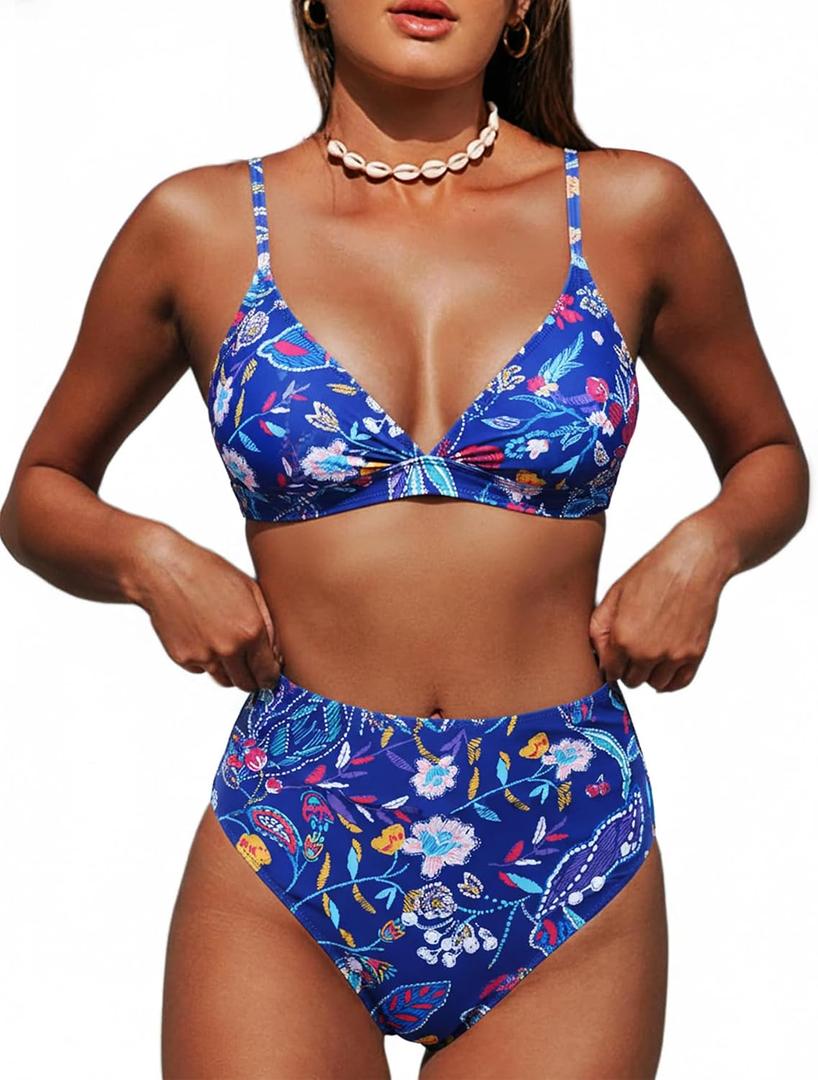 ZAFUL Bikini Sets for Women High Waisted Tummy Control Swimsuit V Neck Floral Print Bathing Suit 2 Piece High Cut Swimwear (Blue, XL)