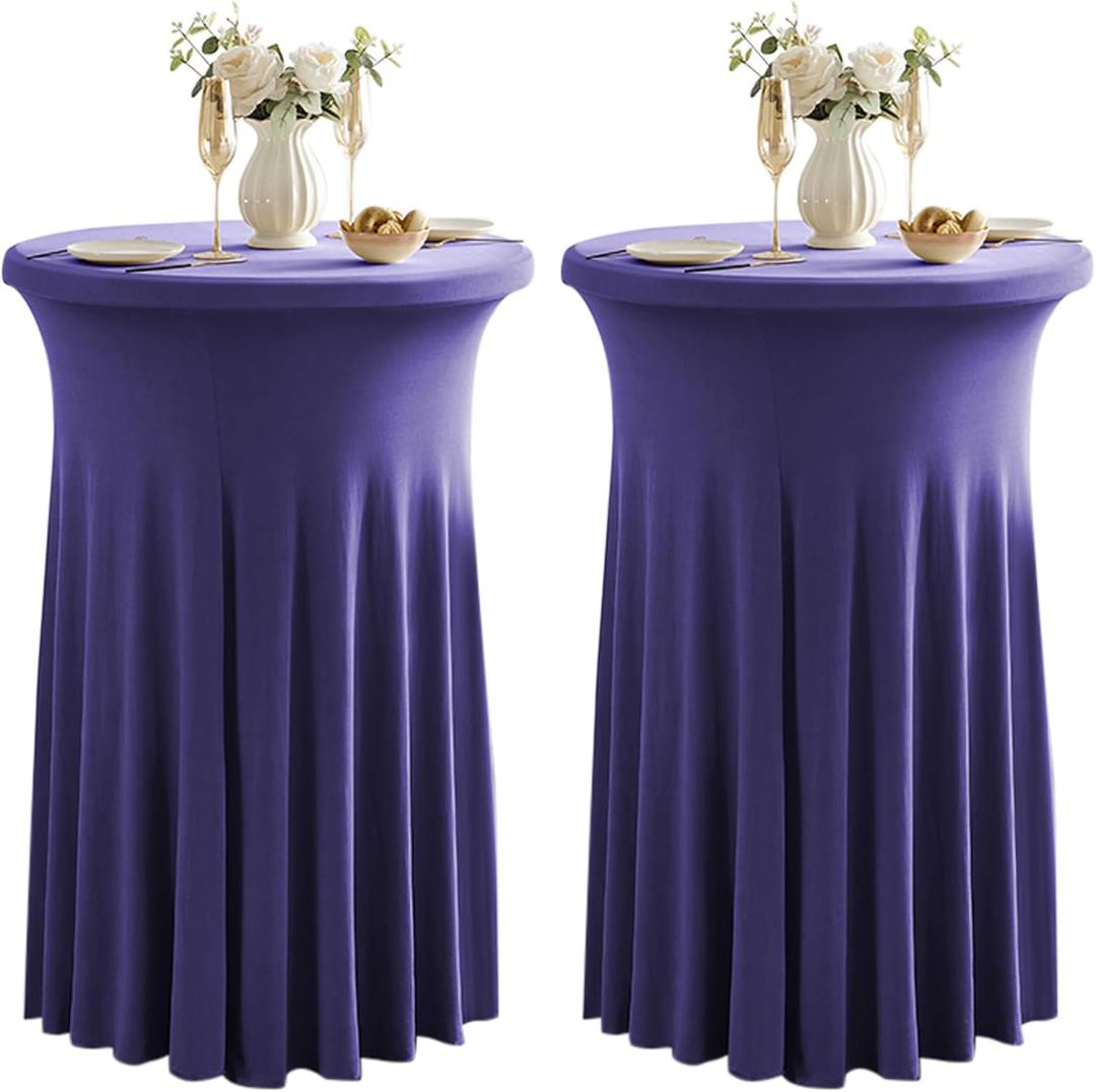 Qubjus 2 Pack Cocktail Tablecloths Stretch Table Skirt - 32x43 inch Bar High Top Stylish and Elegant Cocktail Table Covers for Parties, Weddings, Holidays - Purple