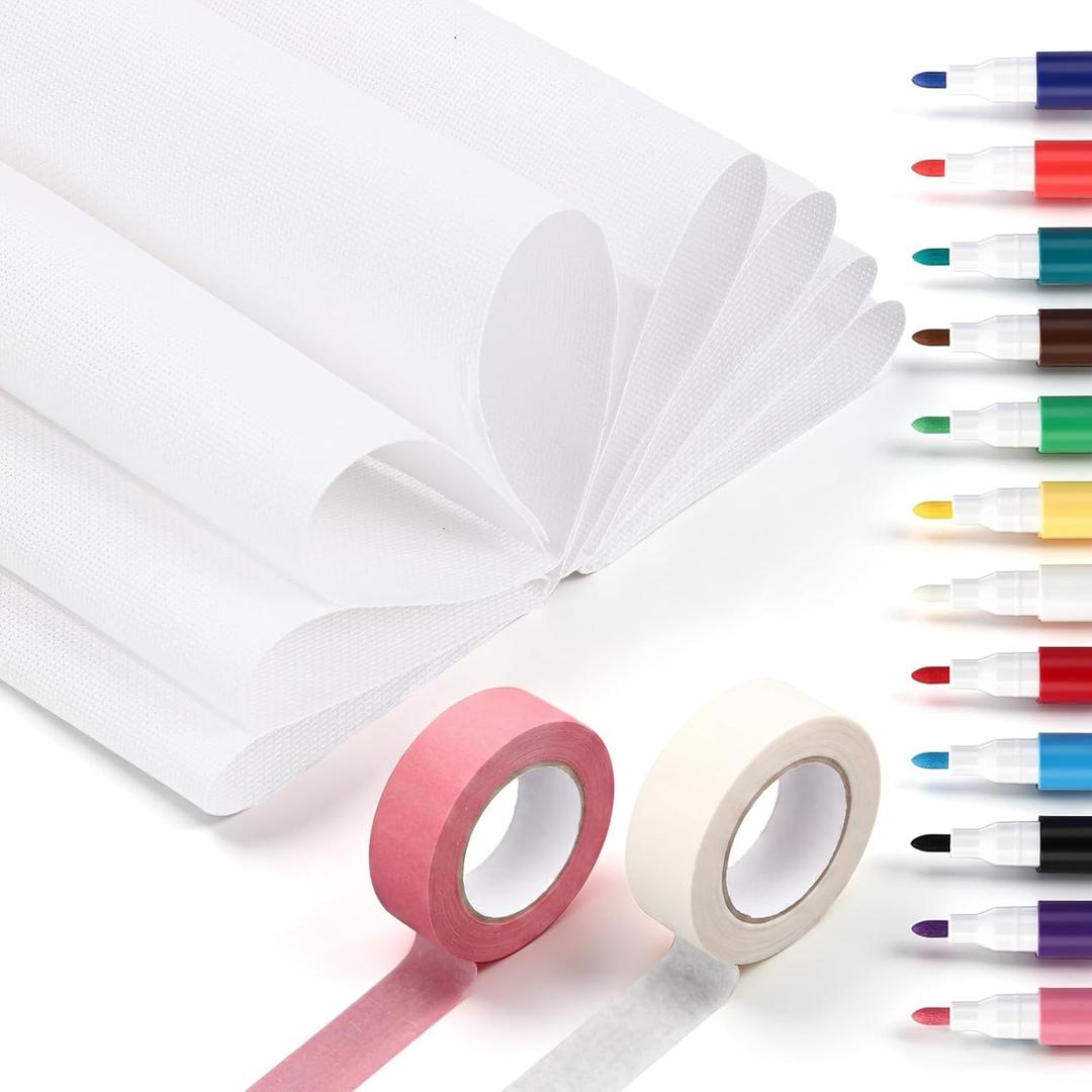Sureio 18 Pcs Needlepoint Blank Canvas Kit, Include 4 Pure Cotton 18CT Blank Needlepoint Canvas 12x18 Inch, 2 Rolls Tape, 12 Markers for Needle Point Embroidery Knit Crochet Projects for DIY and Gifts