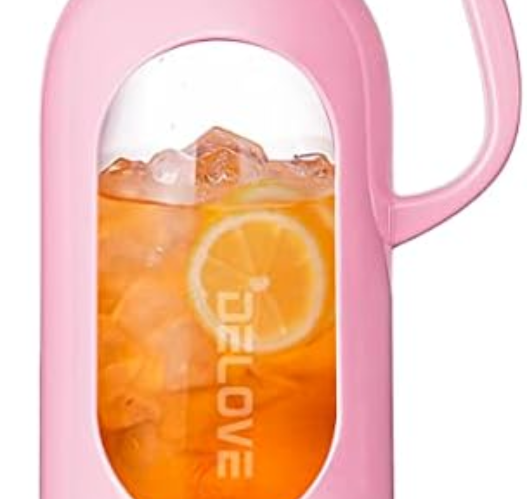 Delove 68 oz/2 Liter Glass Pitcher with Shatterproof Shell - Heat Resistant Glass Liner - Stainless Steel Lid - Carafe & Jug for Iced Tea,Hot/Cold Water,Homemade Juice Beverages (Pink)