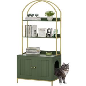 Homhedy Cat Litter Box Enclosure, Litter Box Furniture Hidden with 2-Tier Storage Shelves, Wooden Cat Washroom Furniture with Metal Frame, Modern Style, Green and Gold