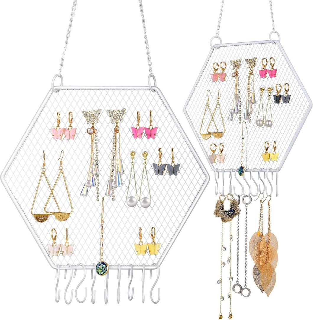 Jetec 2 Pcs Earring Wall Holder Wall Mounted Earring Organizer Hanging Jewelry Stand Decorative Diamond Grid Shape Display Rack with Hooks for Earrings Necklace Bracelet(White)
