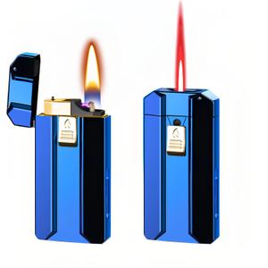 Smart Dual-Fuel Dual-Flame Lighter, Windproof Red Butane Torch & Kerosene Soft Flame, Arc Induction Ignition, Multiple Ignition Modes, Refillable & Rechargeable Lighters (Fuel Not Included) (Navy)