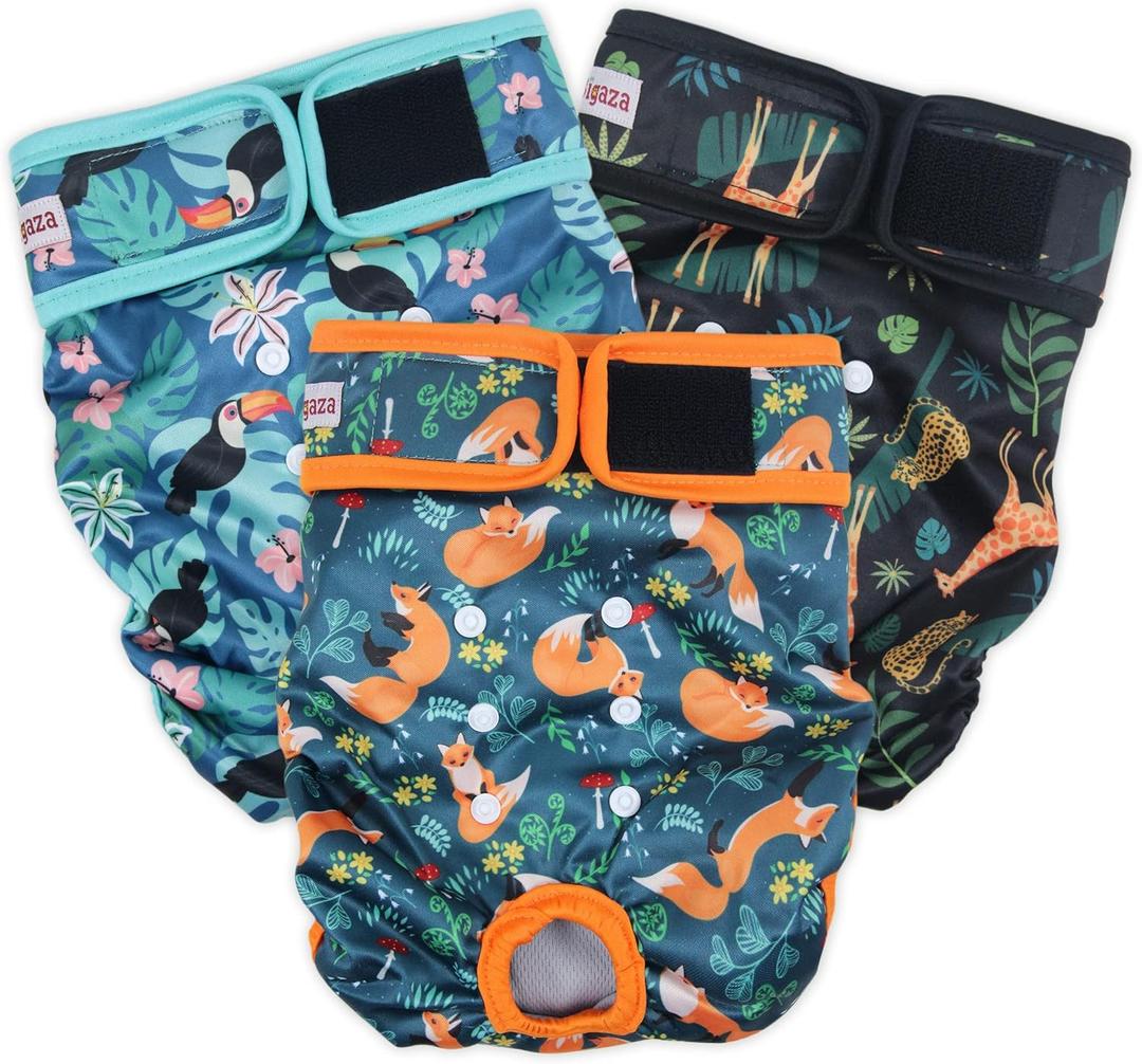 Washable Dog Diapers (3 Pack), Reusable Dog Diapers for Doggie Heat Period, Reusable Doggie Diaper for Female Dogs (Giraffe, Tucan, Fox, Small) (Small (Newborn-10.5" Waist))
