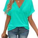 EyMuse Womens Tshirts V Neck Short Sleeve Tee Solid Color Blouse Loose Fit 2026 Summer Casual Tops Aqua, M