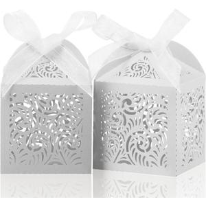 COTOPHER 100Pcs Laser Cut Favor Boxes, 2x2x2.75in Small Gift Boxes for Presents, Party Wedding Favors Boxes with Ribbon, Mini Candy Boxes for Event Bridal Shower Anniversary Birthday Christmas, White