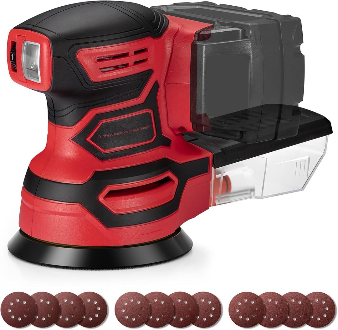 Cordless Random Orbital Sander for Milwaukee 18V Battery, Brushless 6-Speed (6000-12000 OPM), 125mm Pad, Dust Collection & 12pcs Sandpapers (#80/#120/#240) (Battery Not Included) (Red)