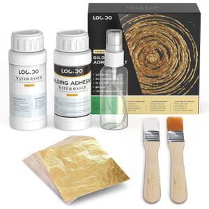 Gold Leaf Kit, Gilding Adhesive 200ml Set, Water Based Adhesive and Protective Varnish Whit Gold Leaf Sheet 100 pc, for Craft Supplies, Painting, Resin Arts Furniture and Decoration