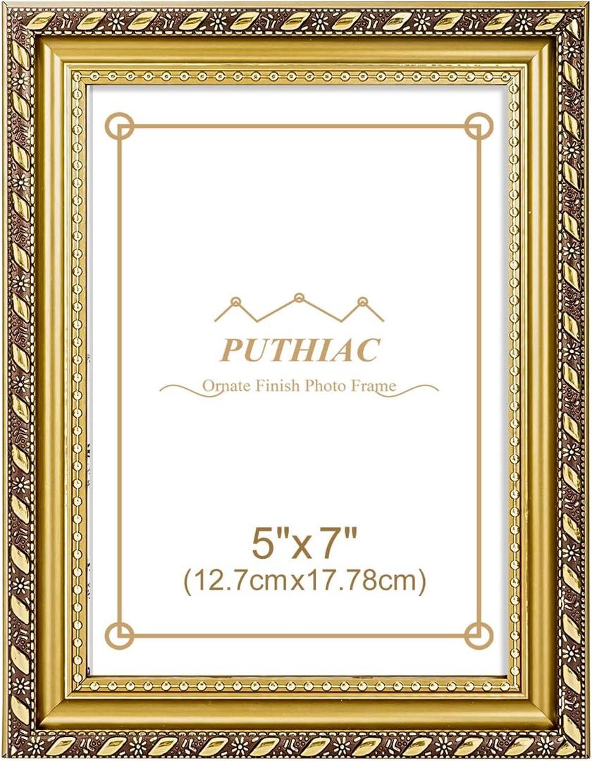 puthiac 5x7 Gold Picture Frame  Ornate Vintage Baroque Photo Frame with Shatterproof Acrylic, Wall & Tabletop, Vertical/Horizontal, Antique Gold Gallery Decor