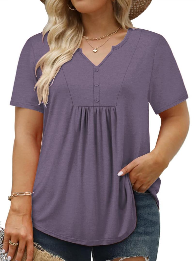 VISLILY 2Xl Womens Tops Plus Size Summer Pleated V Neck Button Up Short Sleeve Henley T Shirts Rose Red (XXL)